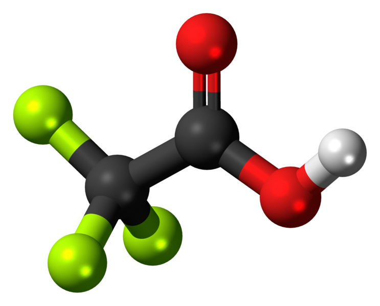 Ball and stick image chemical structure of trifluoroacetic acid (TFA)