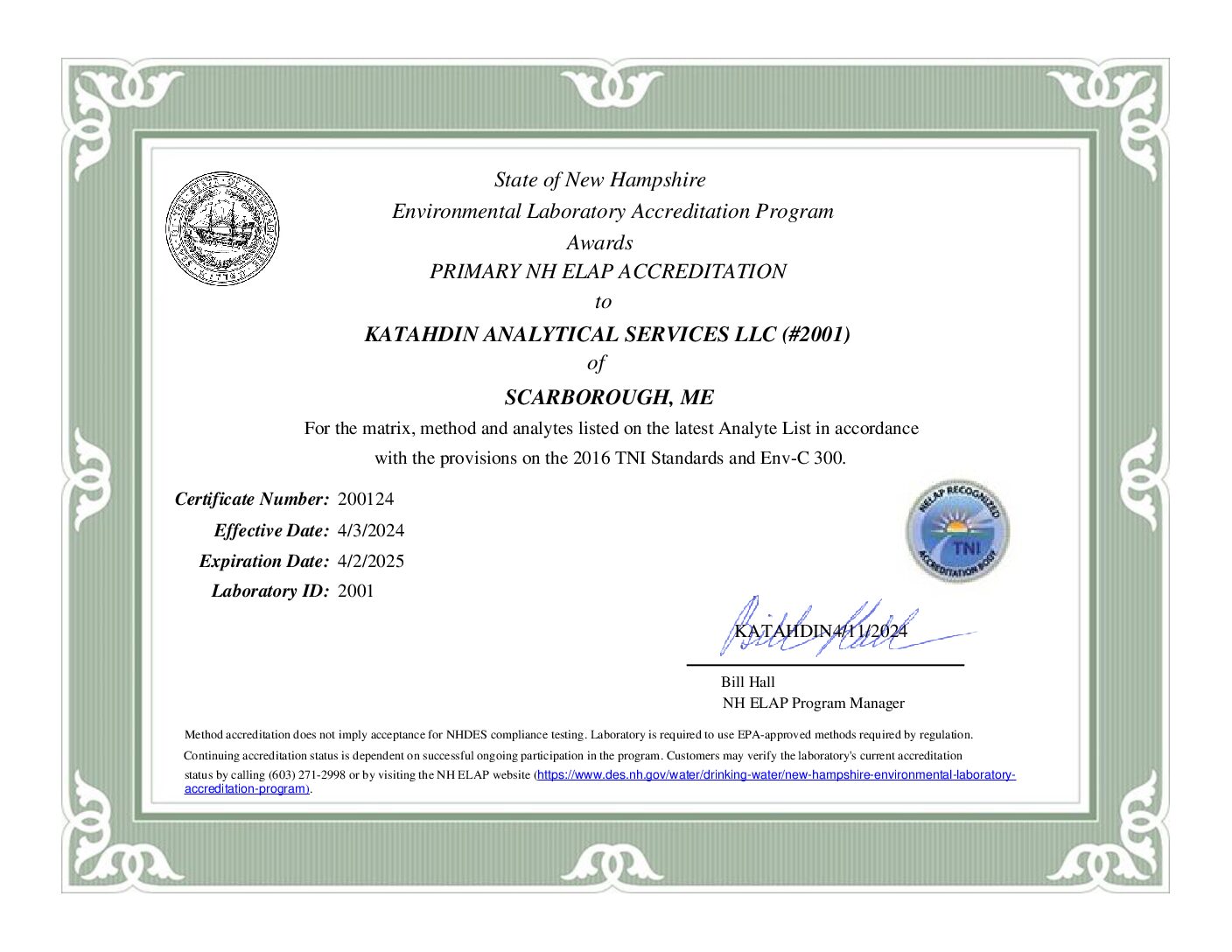 State of New Hampshire, Environmental Laboratory Accreditation Program