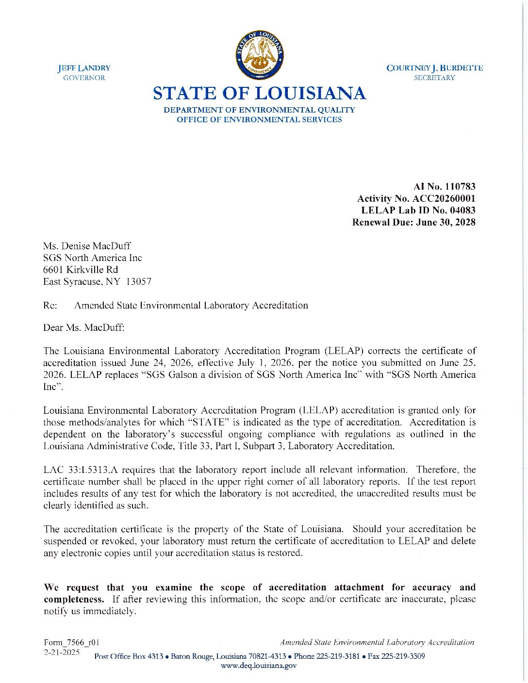 SGS Galson Louisiana DEQ LELAP