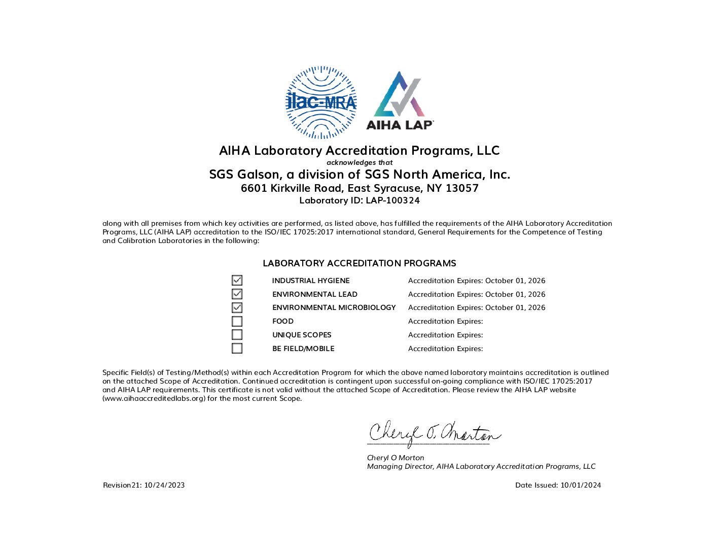 SGS Galson AIHA LAP Certificate
