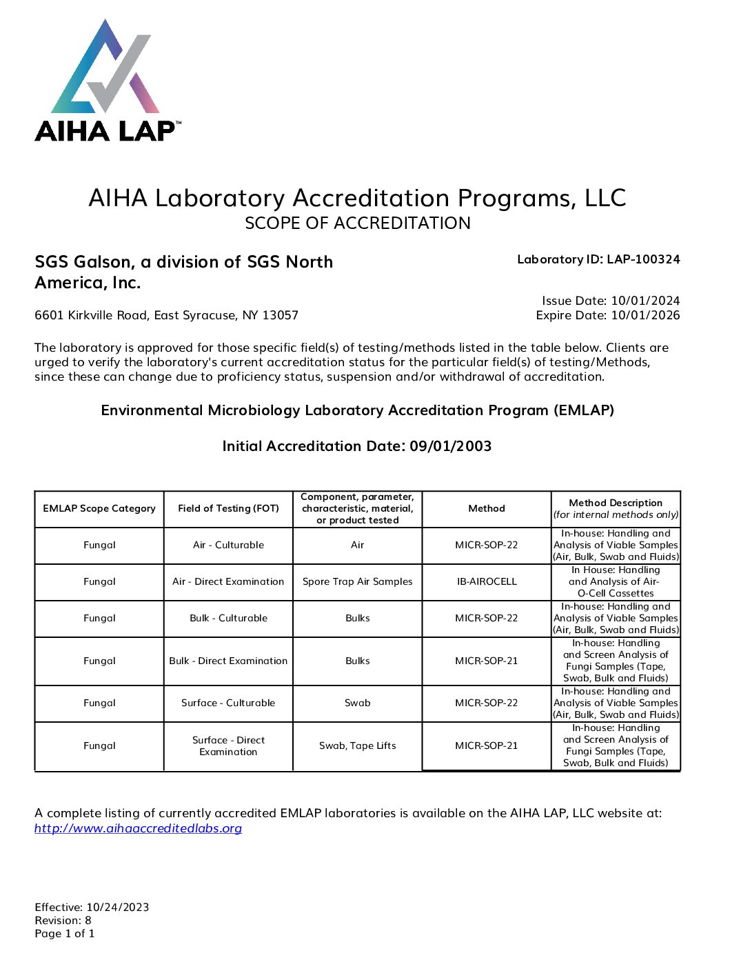 SGS Galson AIHA-LAP, LLC Scope of Accreditation EMLAP