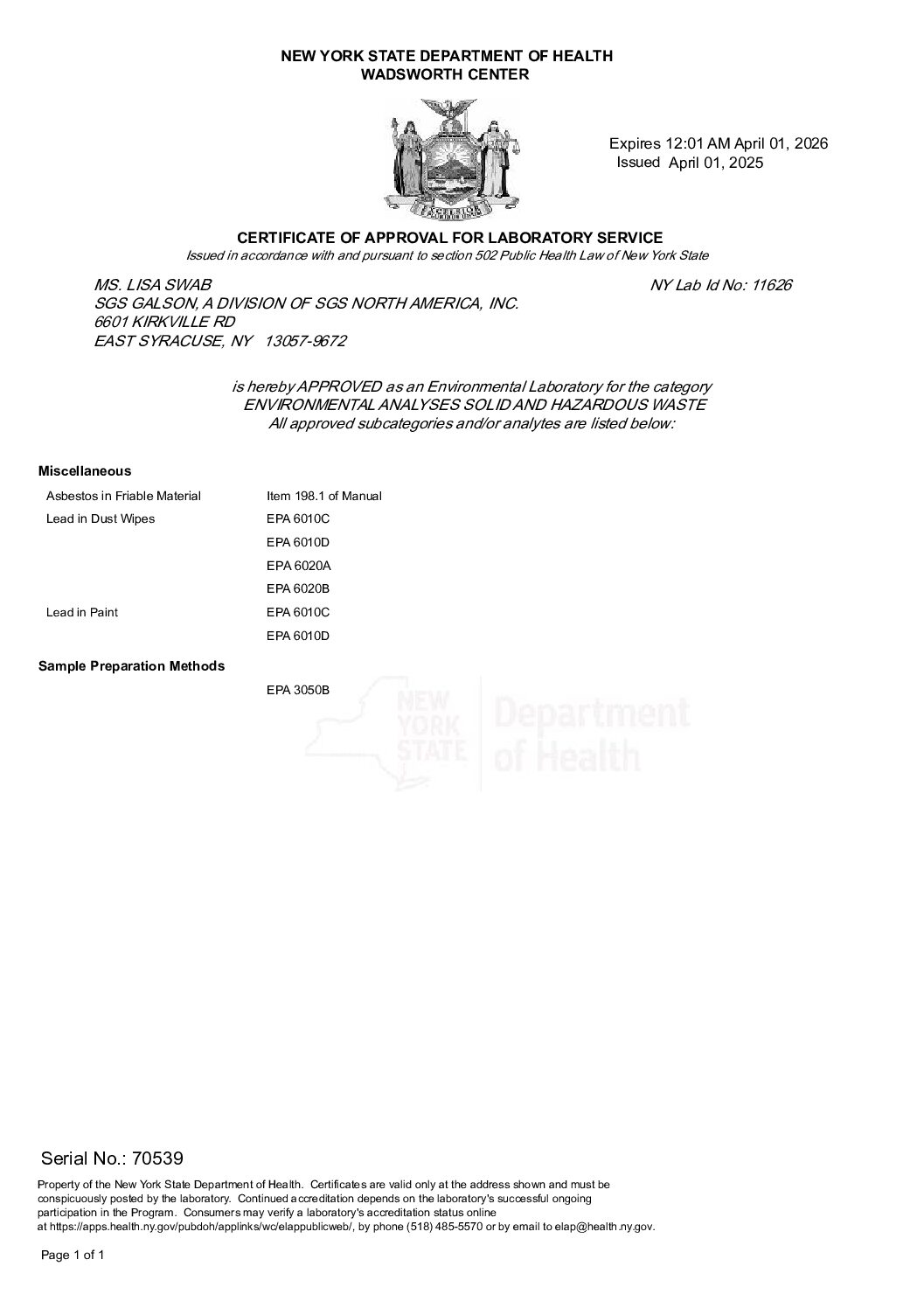 SGS Galson NYS DOH ELAP Environmental Analyses Solid and Hazardous Waste