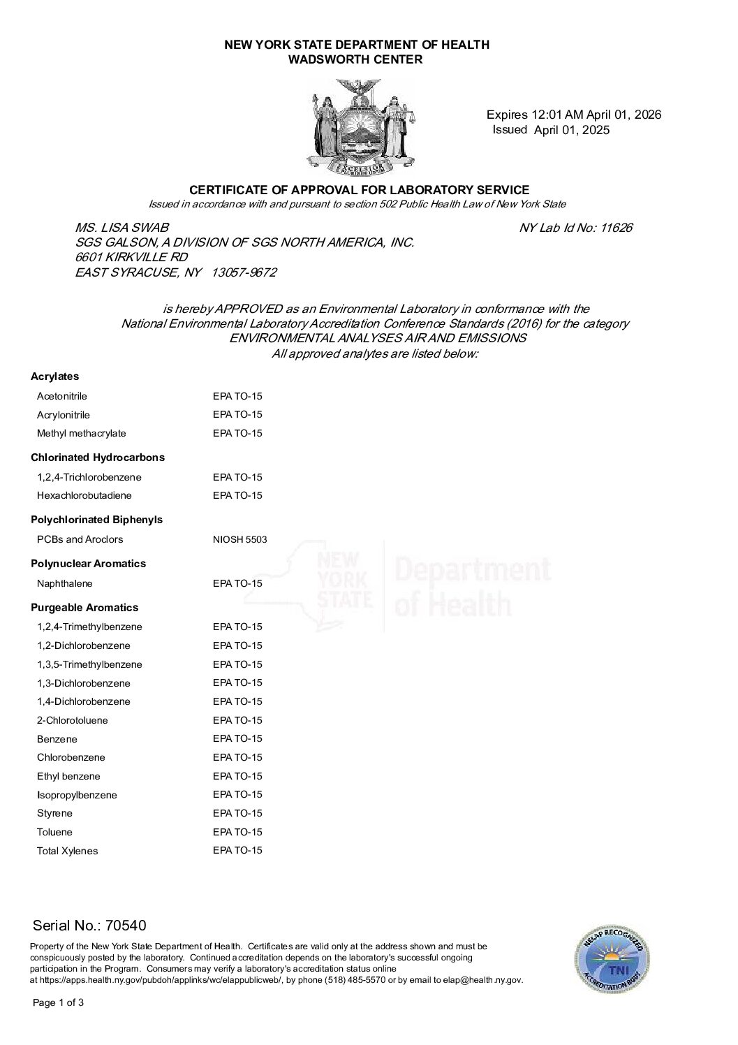 SGS Galson NYS DOH NELAC Environmental Analyses Air and Emissions