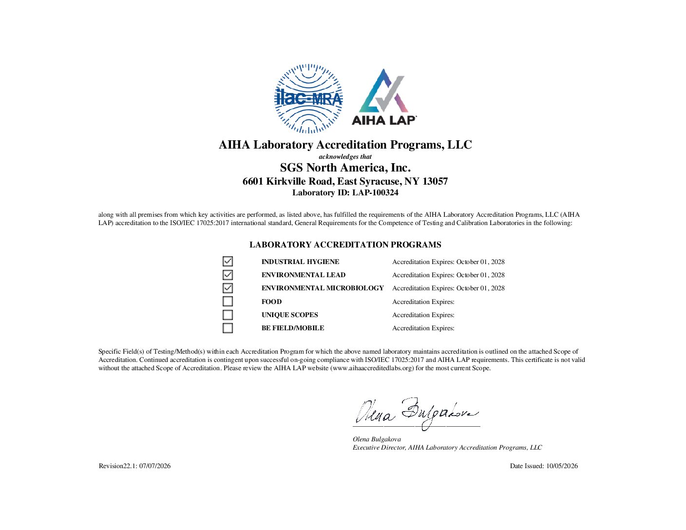 SGS Galson AIHA LAP Certificate