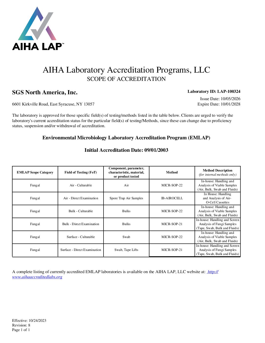 SGS Galson AIHA LAP, LLC Scope of Accreditation EMLAP