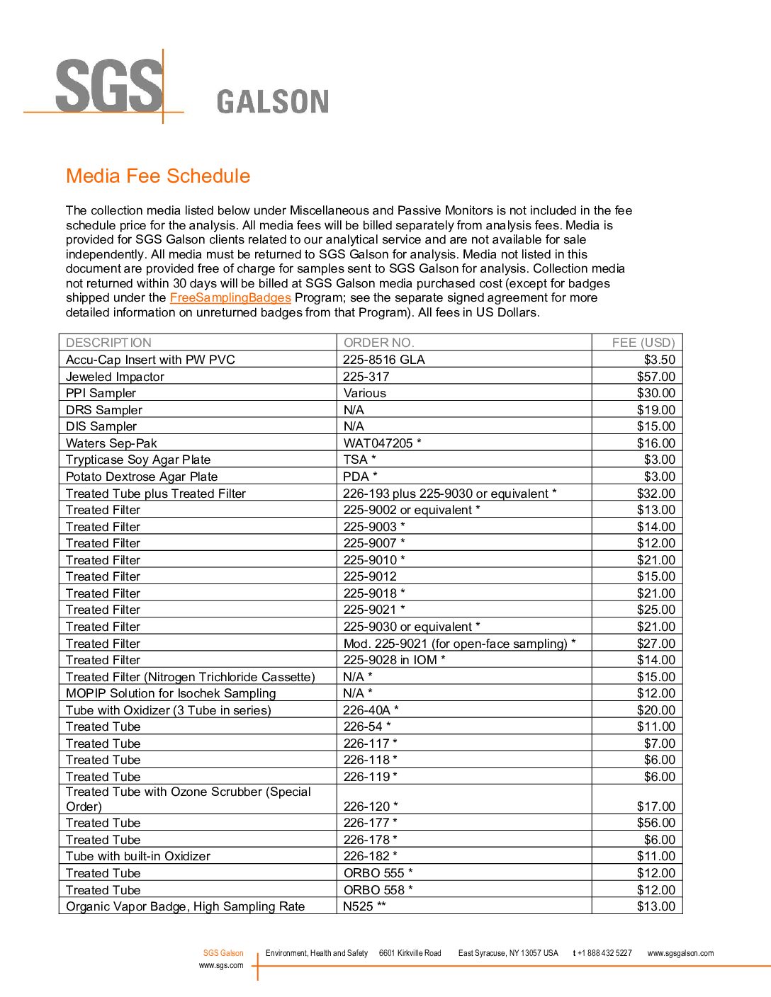 SGS Syracuse - Media Fee Schedule