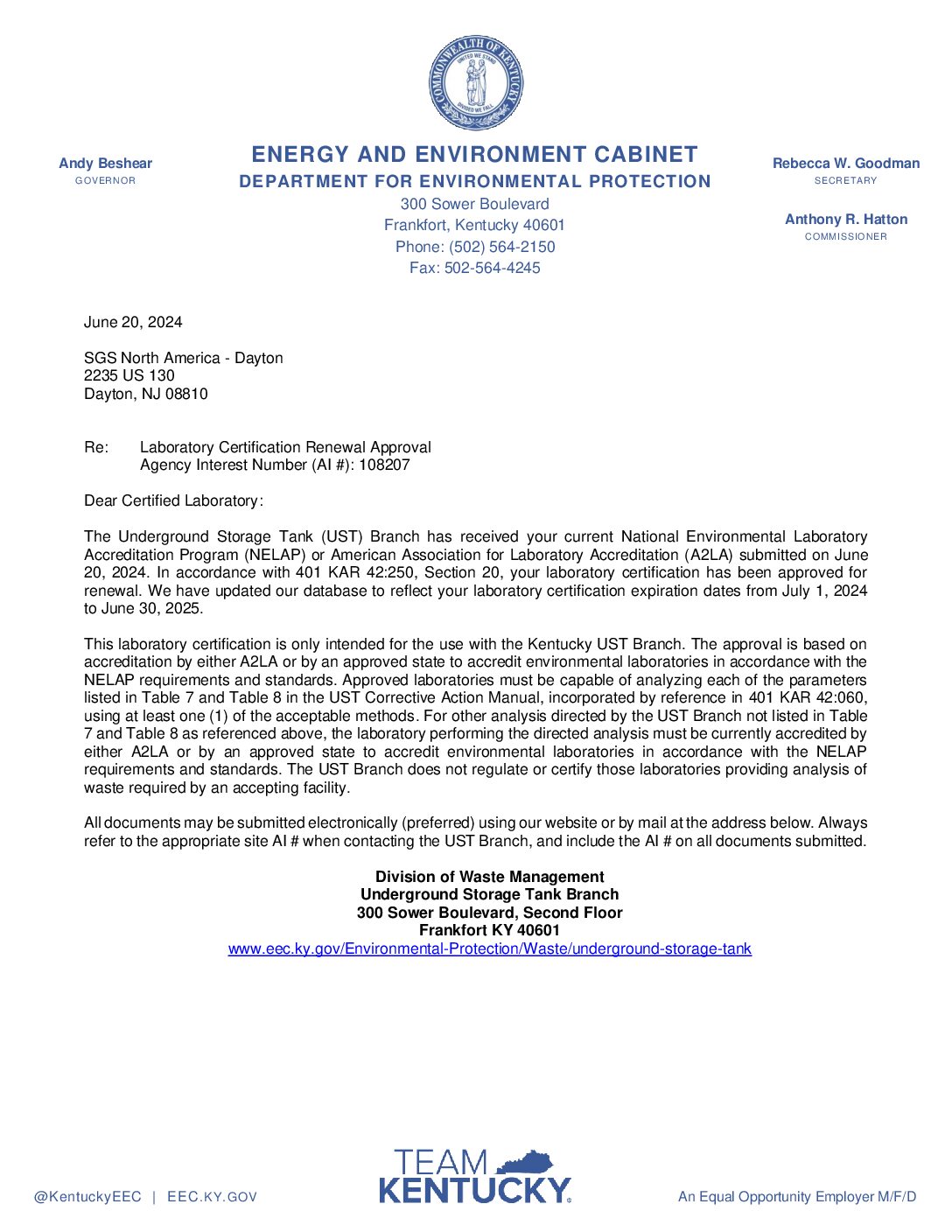 SGS Dayton Kentucky UST