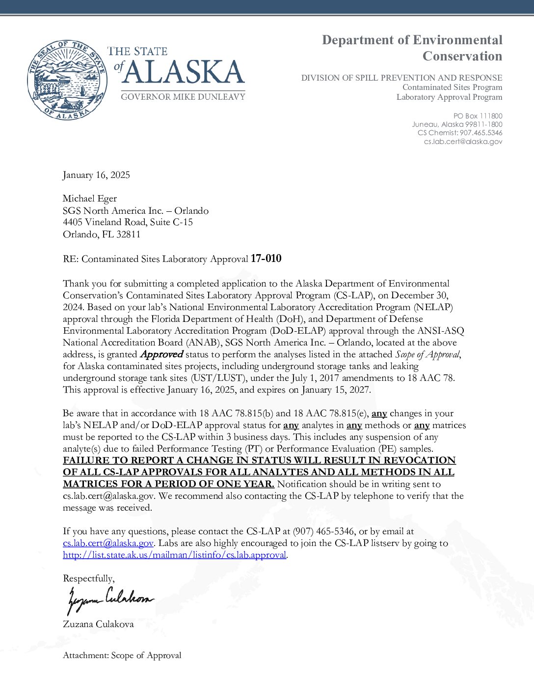 SGS Orlando AK cert parm