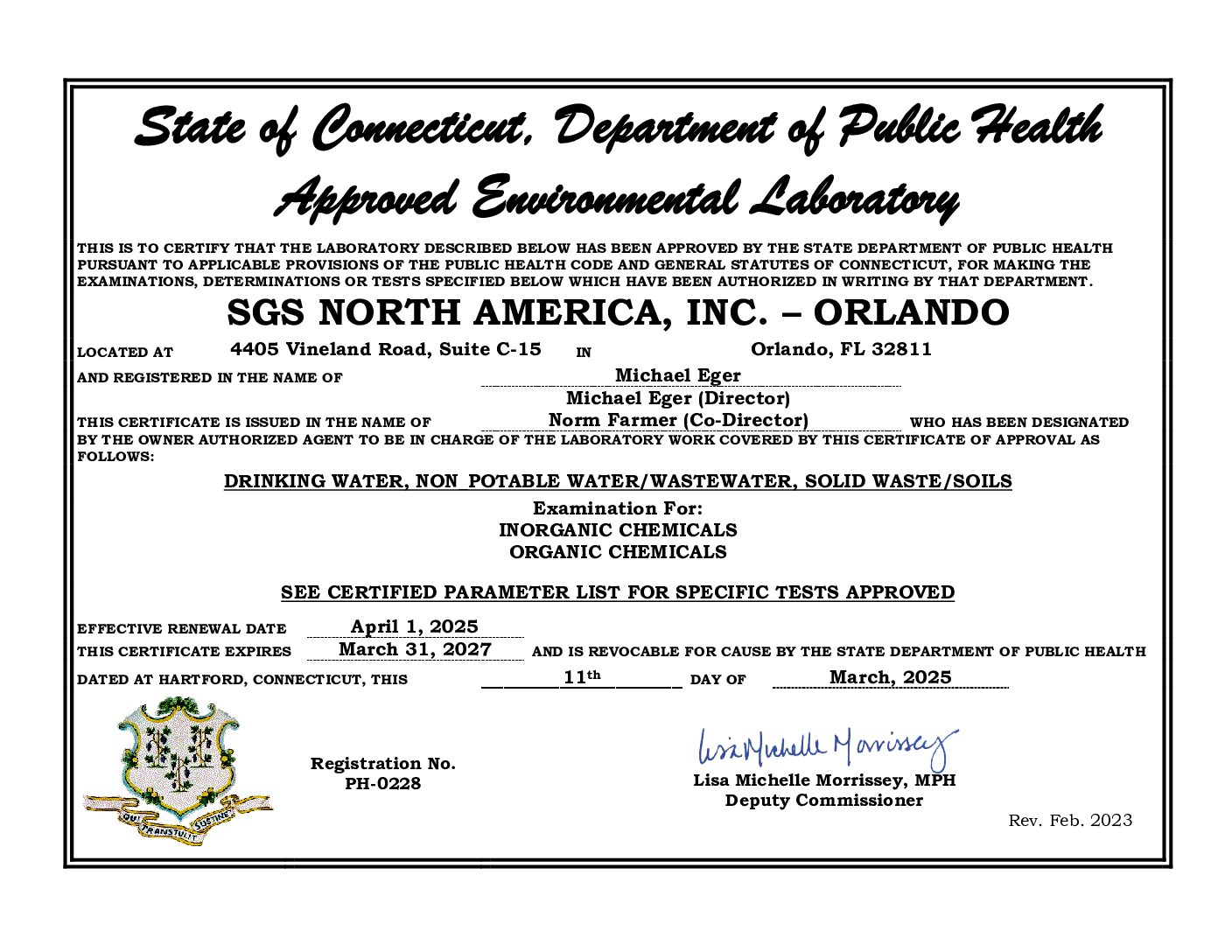 SGS Orlando CT Cert Parm