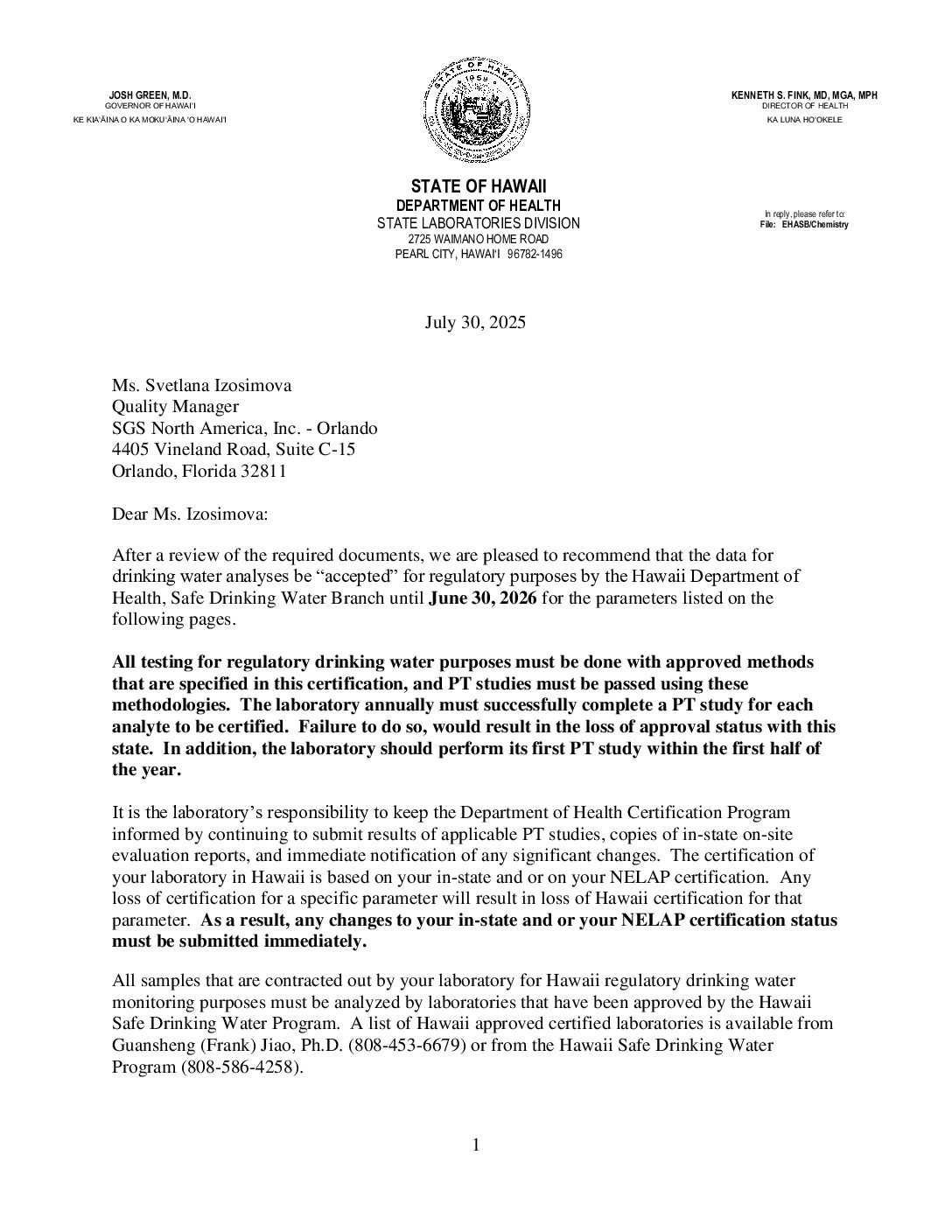 SGS Orlando HI Cert Parm