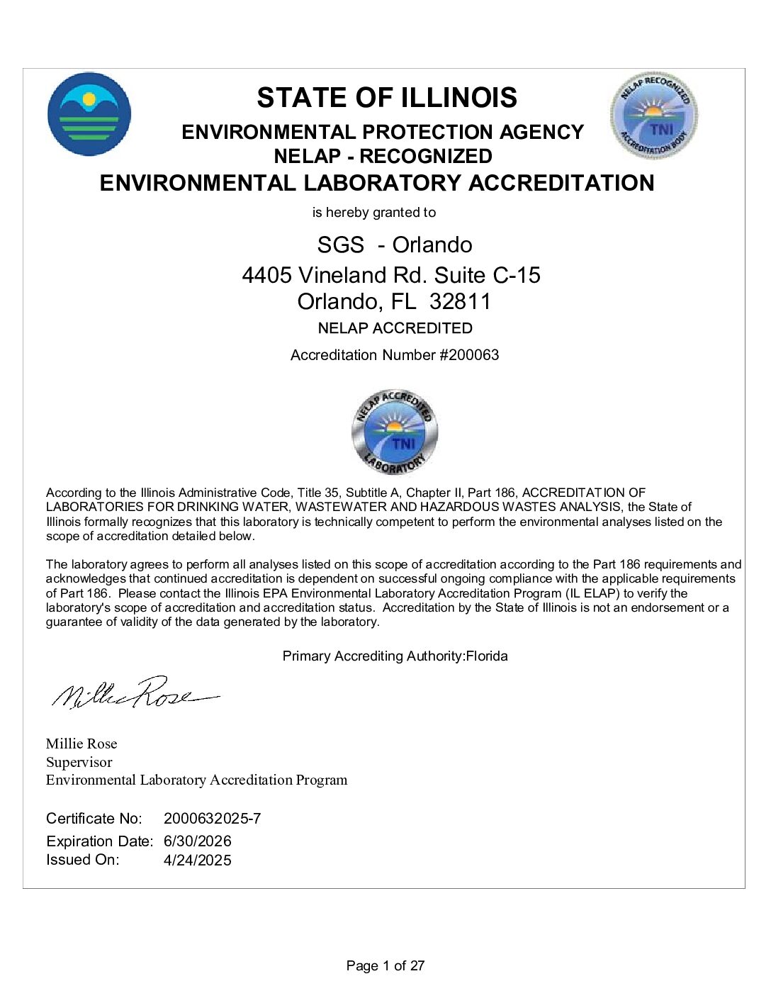 SGS Orlando IL Cert Scope