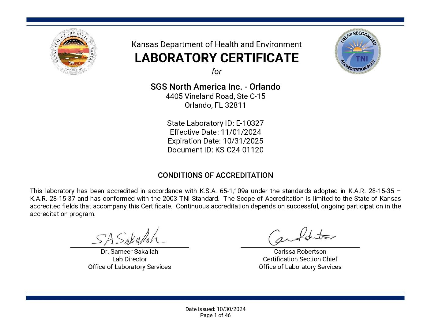 SGS Orlando KS Cert Parm