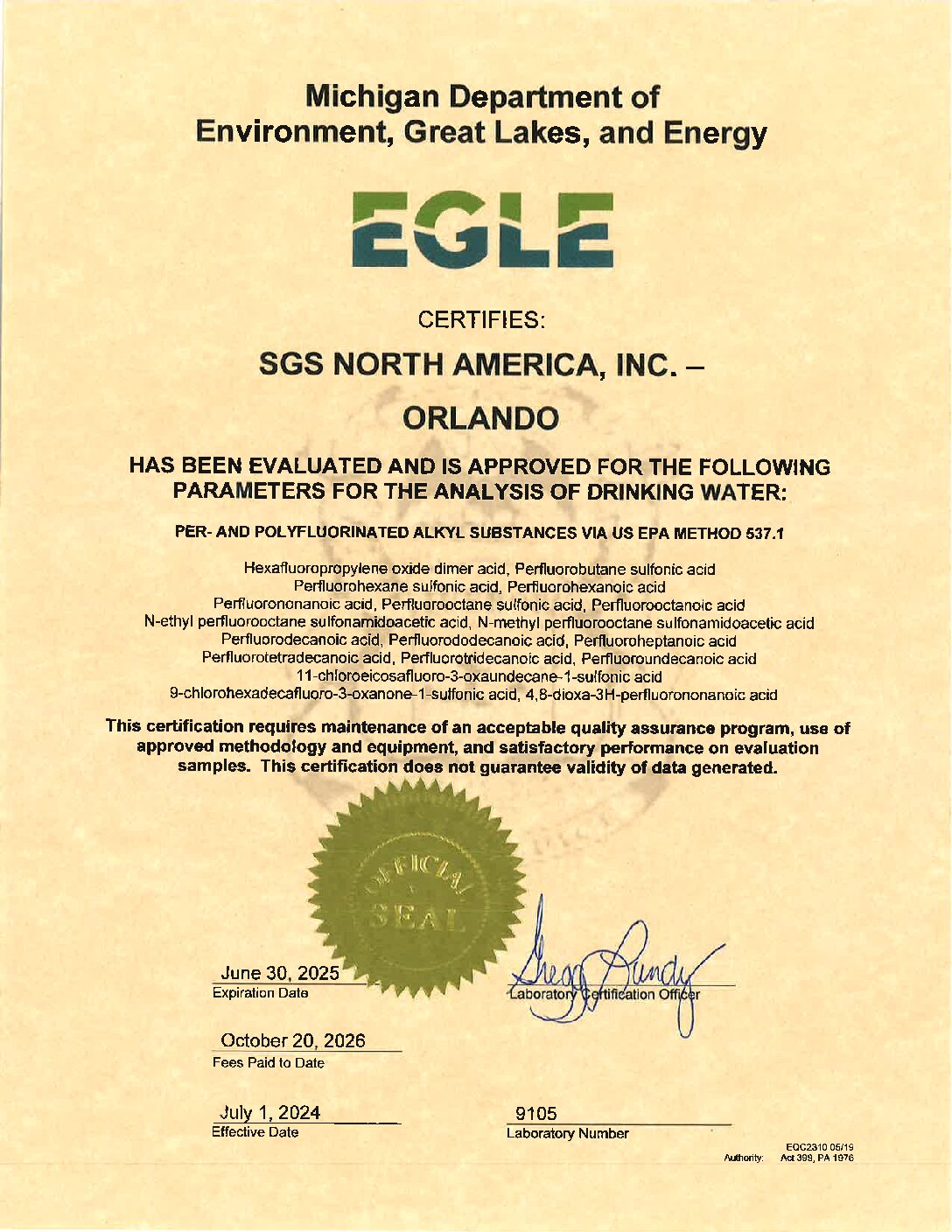 SGS Orlando MI Cert Parm