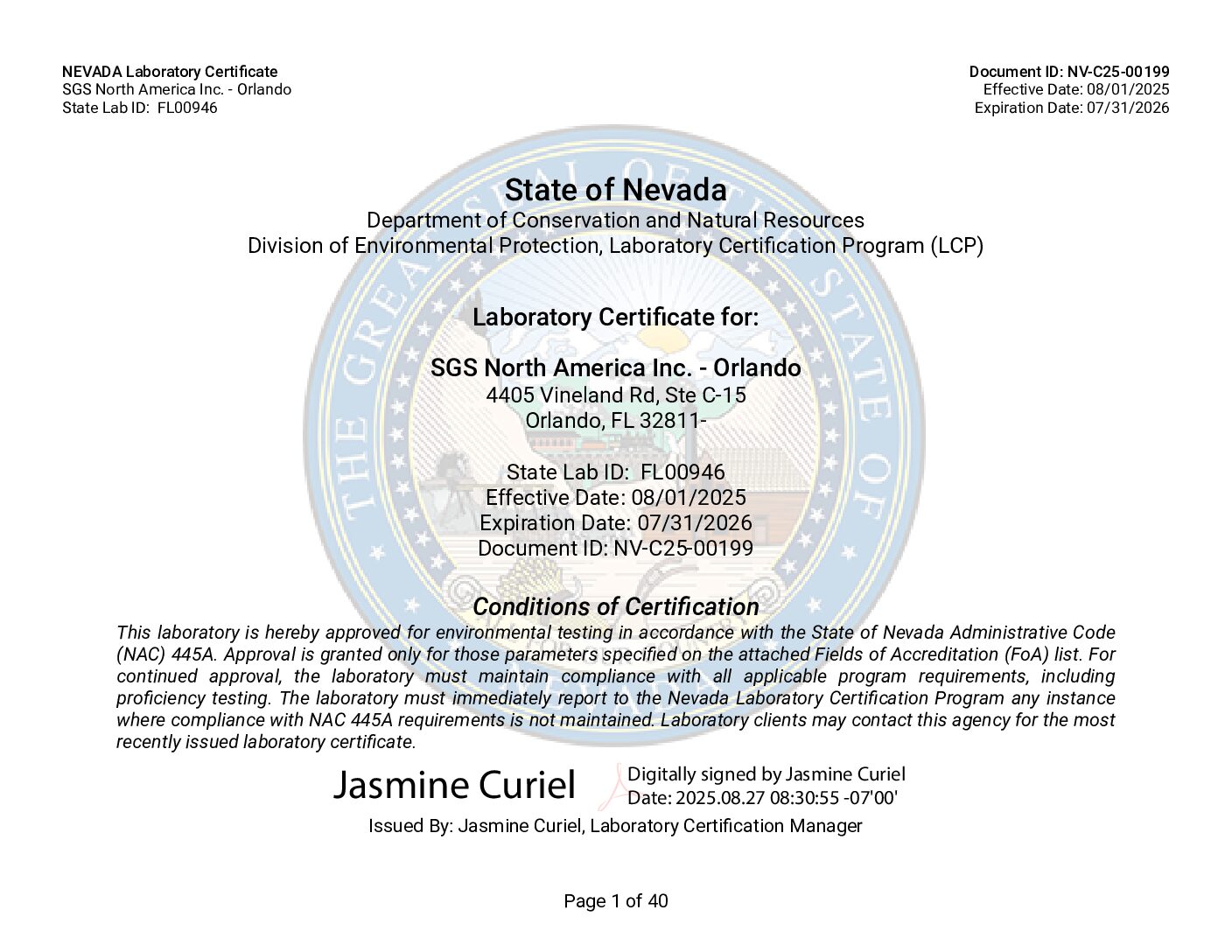 SGS Orlando NV Cert and Scope