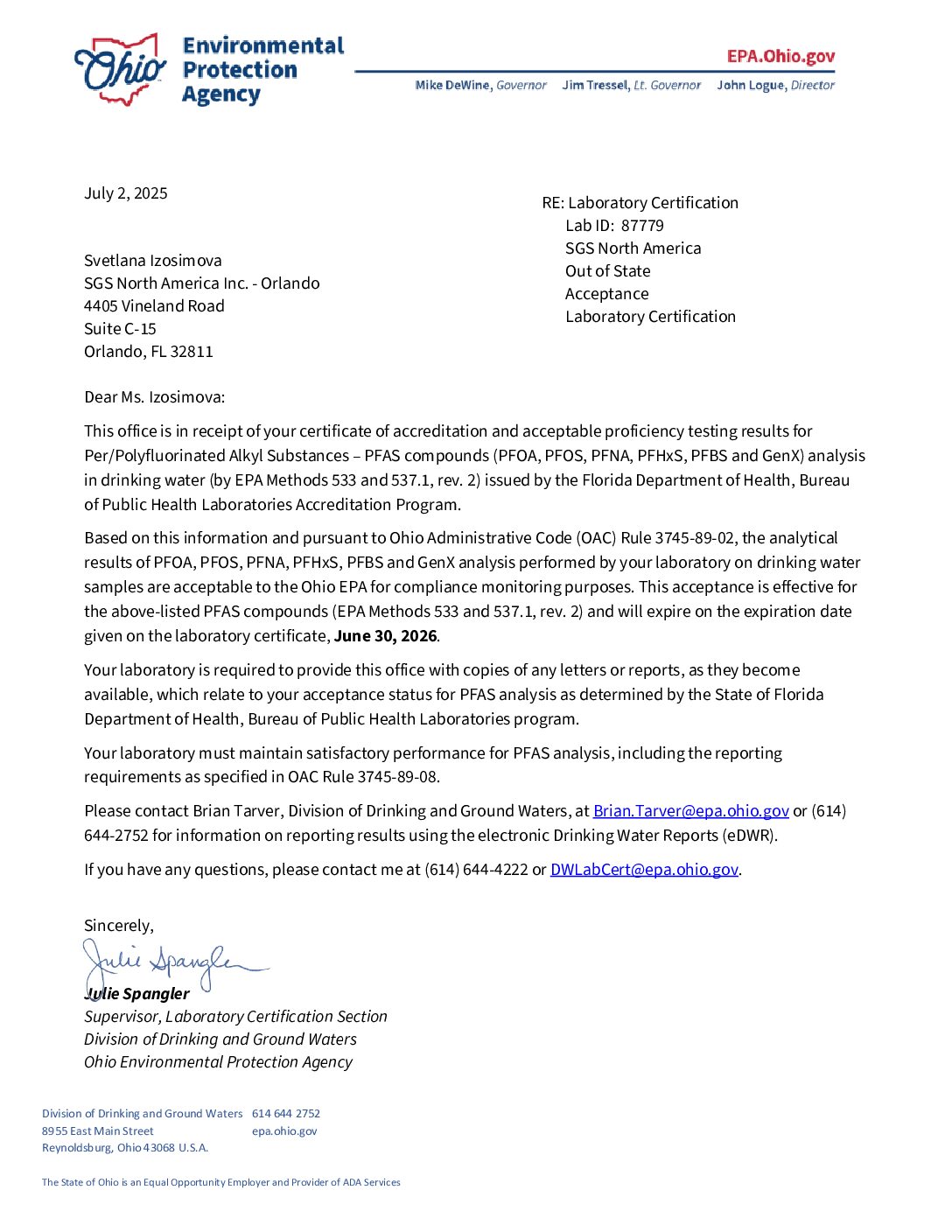 SGS Orlando OH Letter