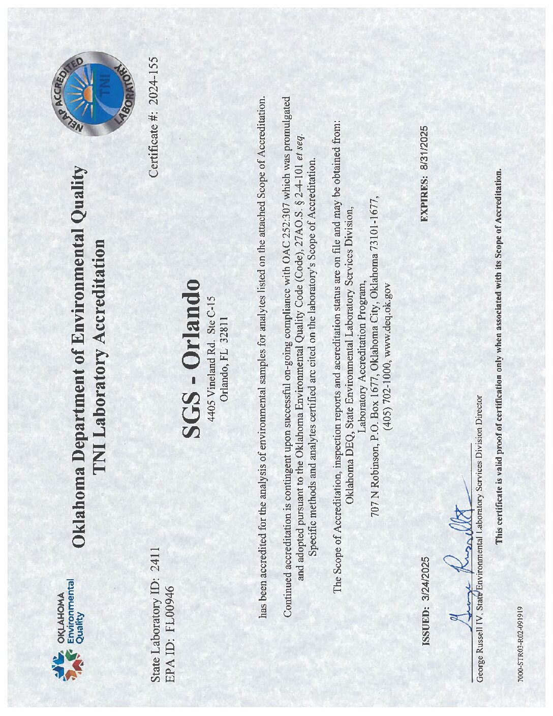 SGS Orlando OK Cert Parm