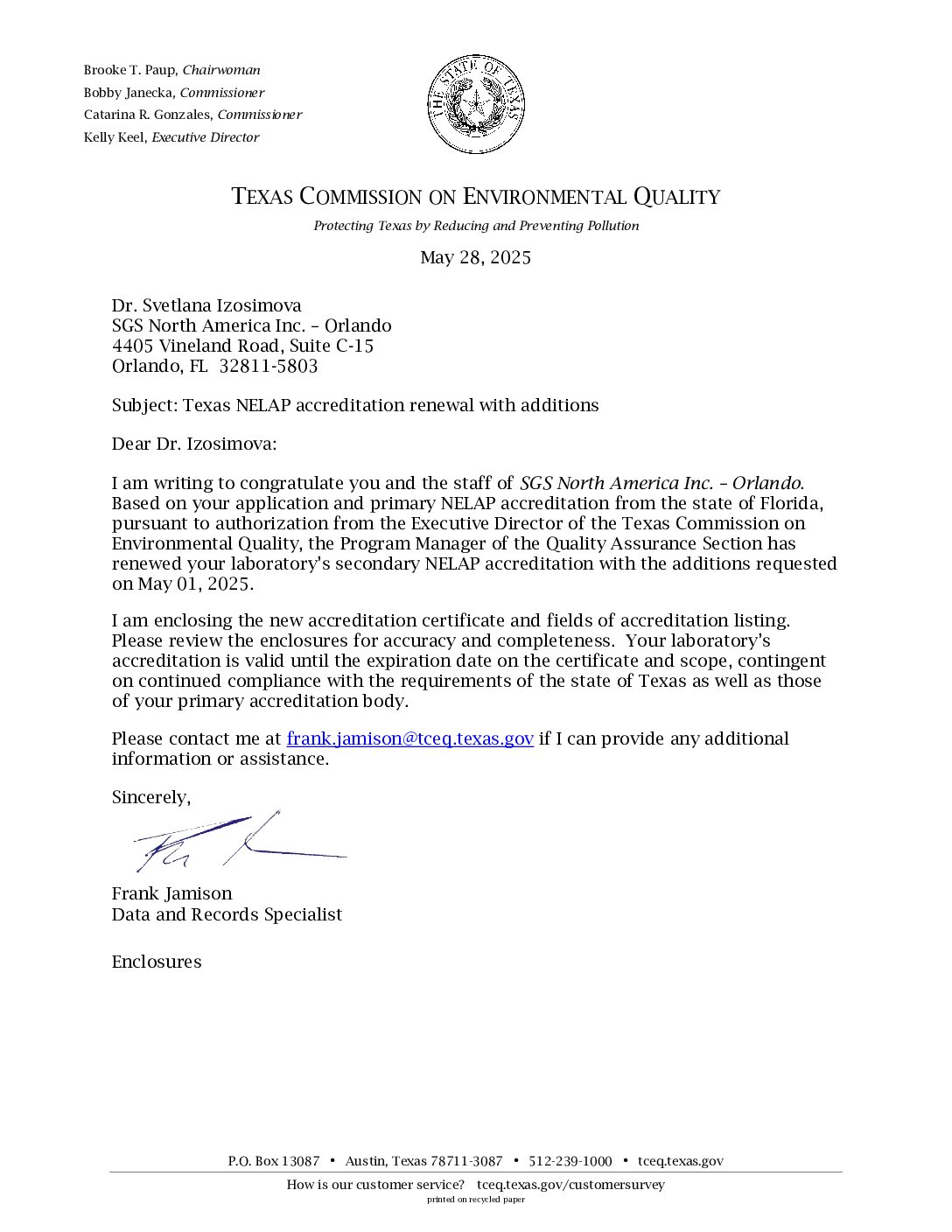 SGS Orlando TX cert parm