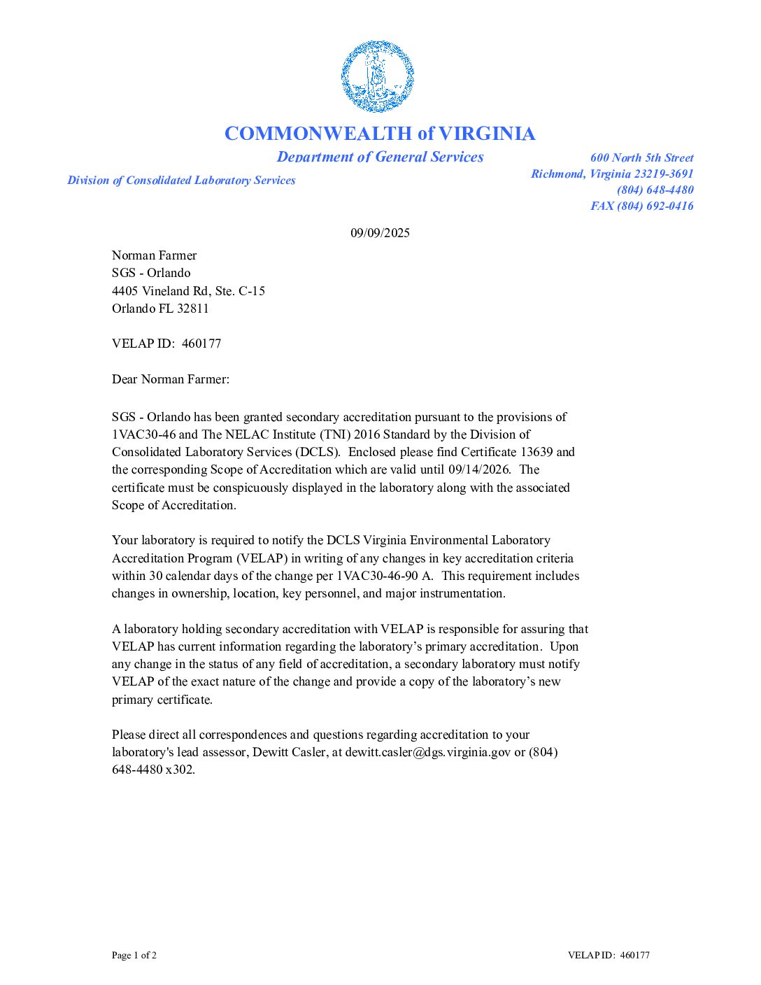 SGS Orlando VA Cert Scope