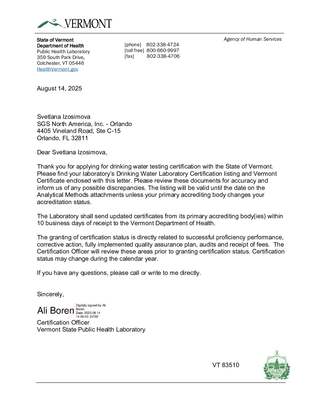 SGS Orlando VT Cert Parm