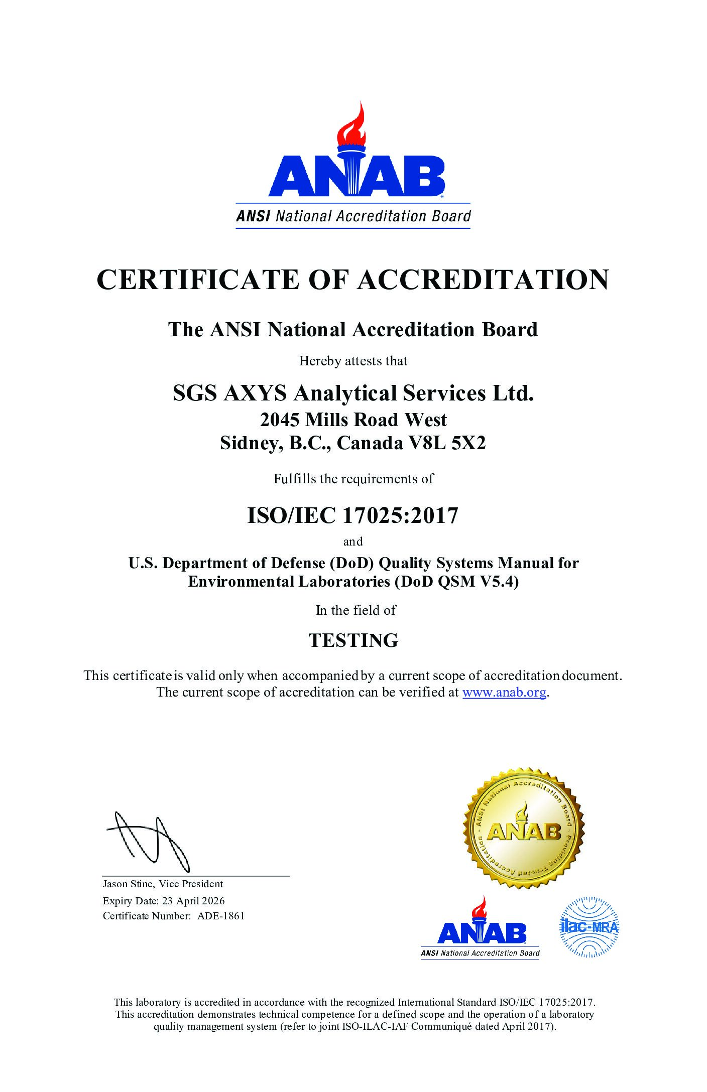 SGS AXYS ANAB US DoD cert and scope