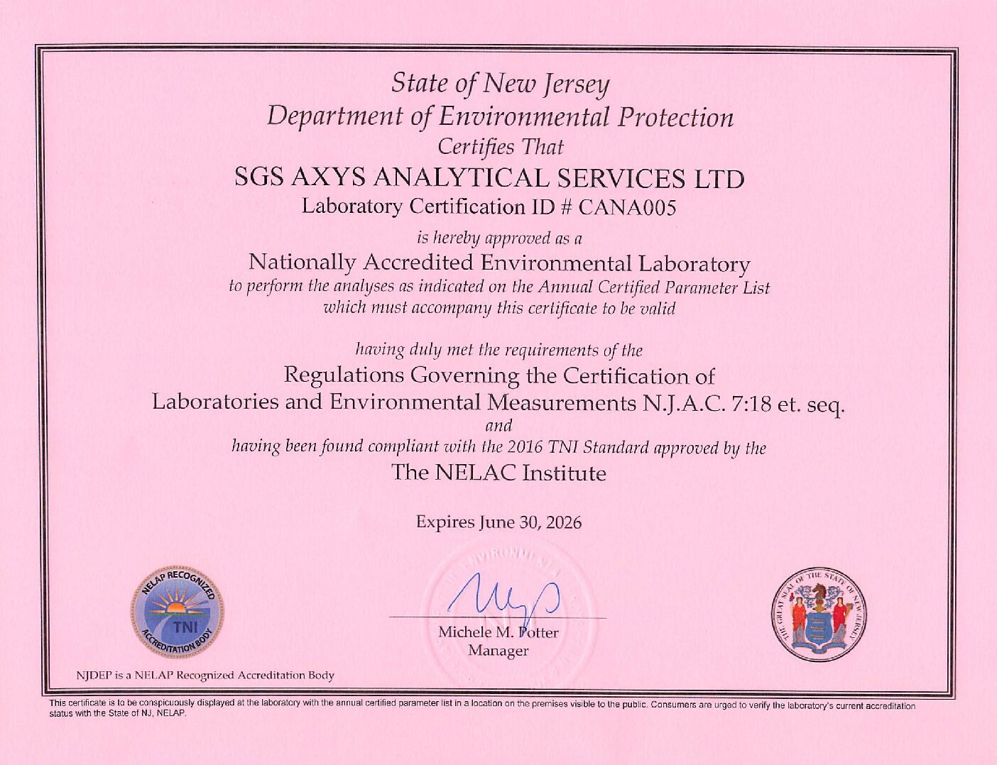 SGS AXYS New Jersey cert and scope