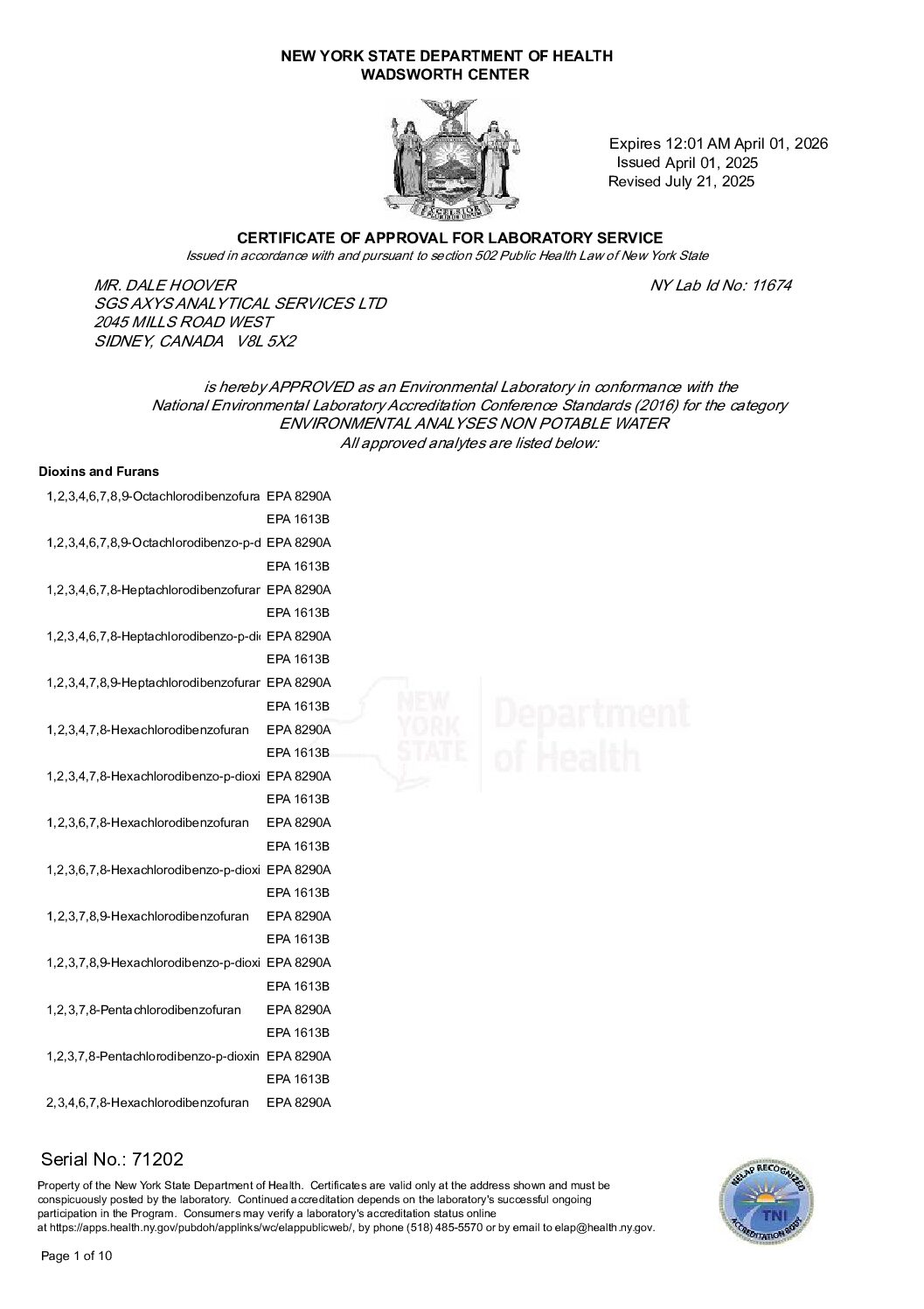 SGS AXYS New York cert and scope