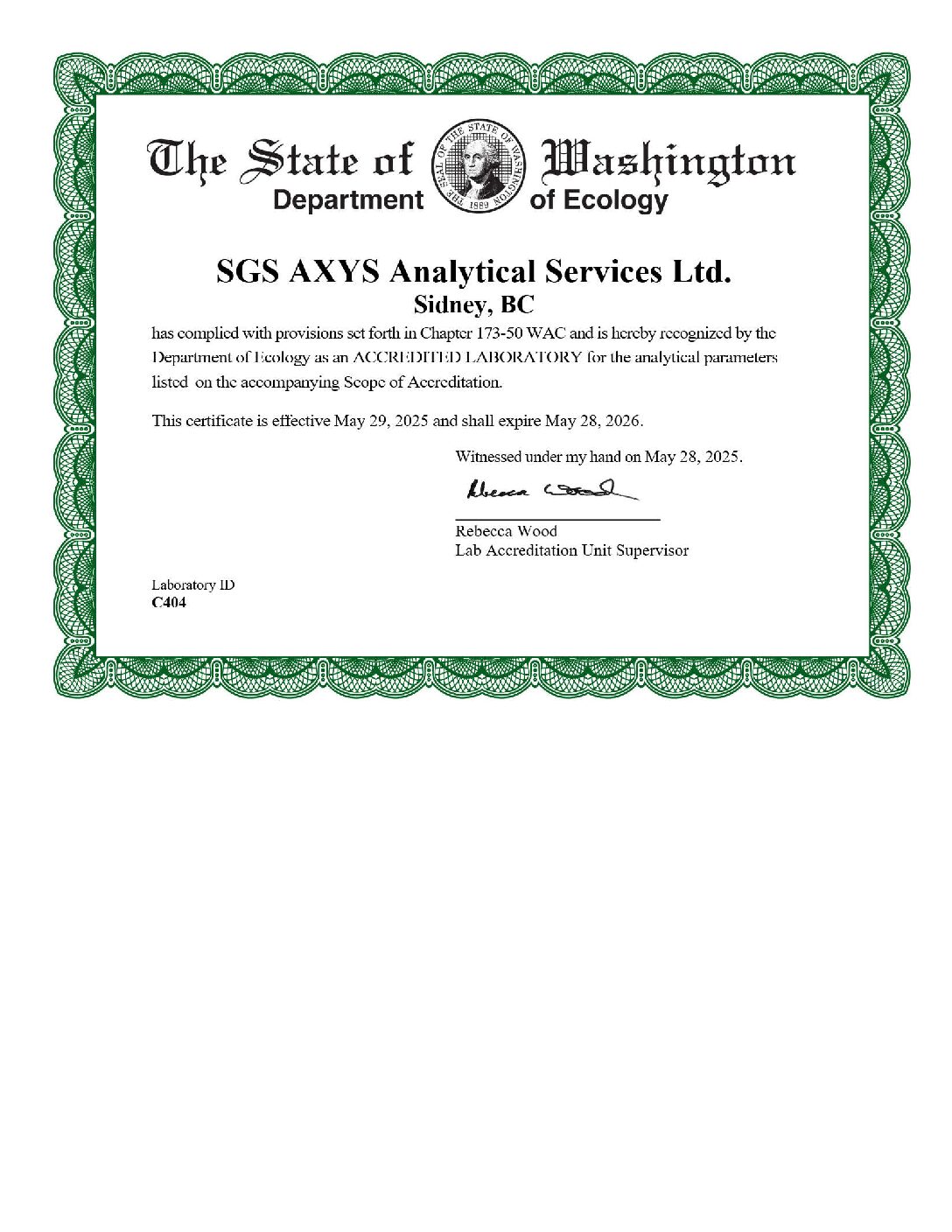 SGS AXYS Washington cert and scope