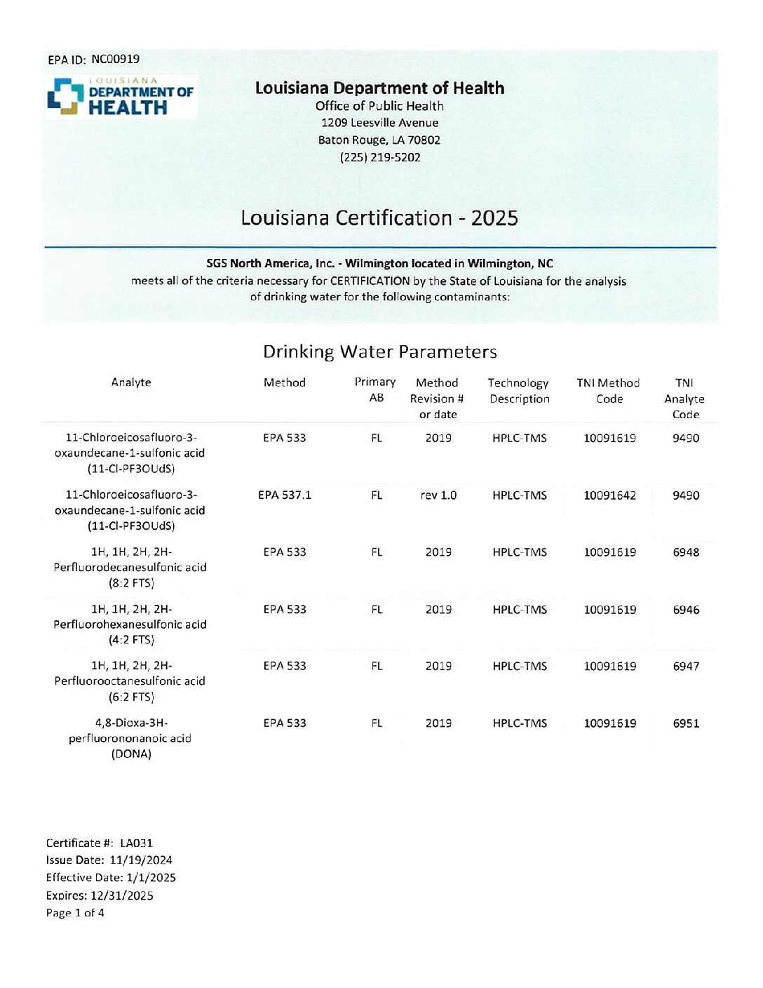 SGS Wilmington Louisiana DOH