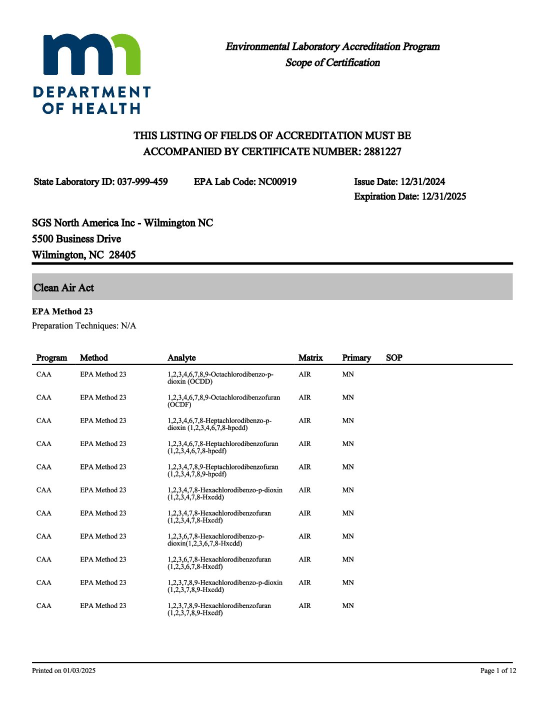 SGS Wilmington Minnesota DOH