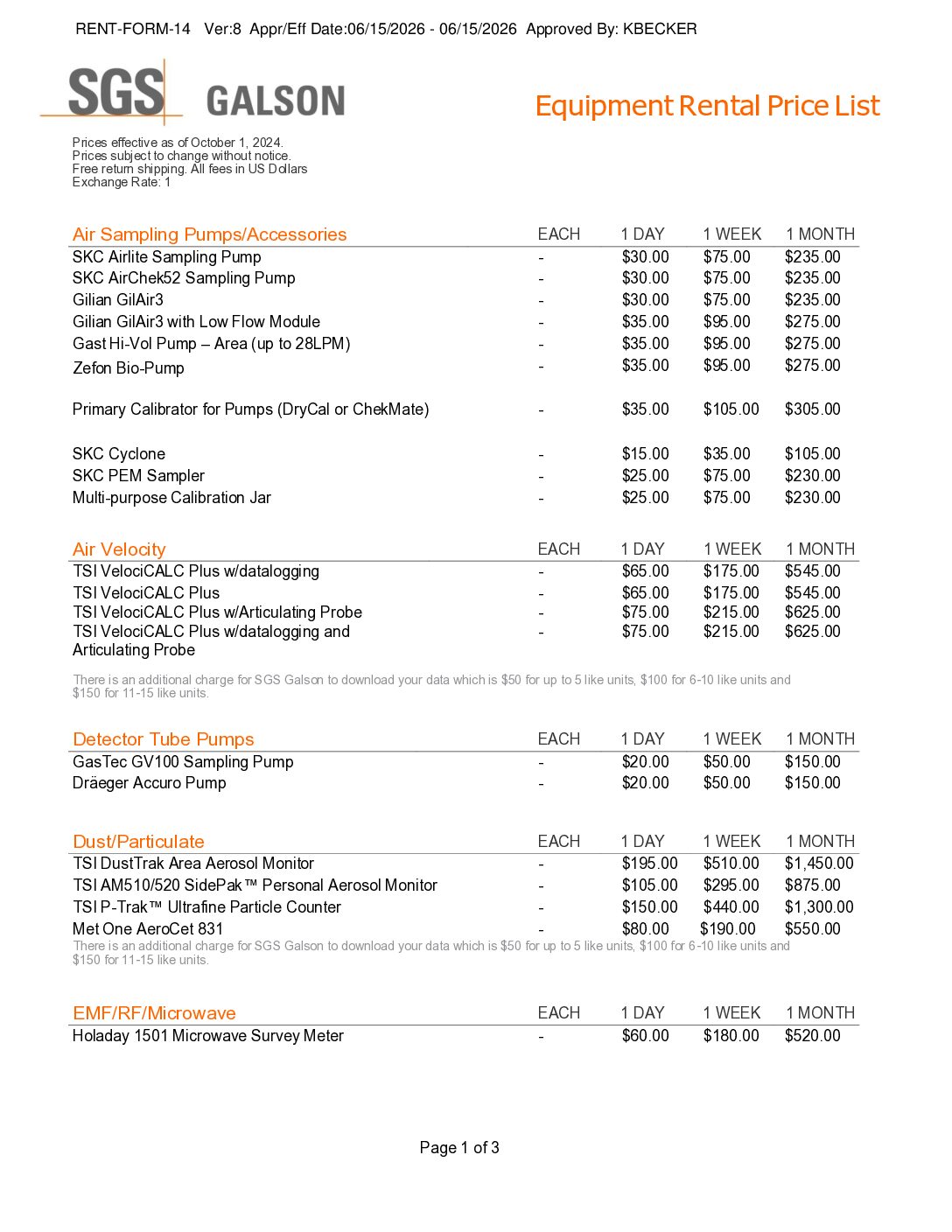 Equipment Rental Price List